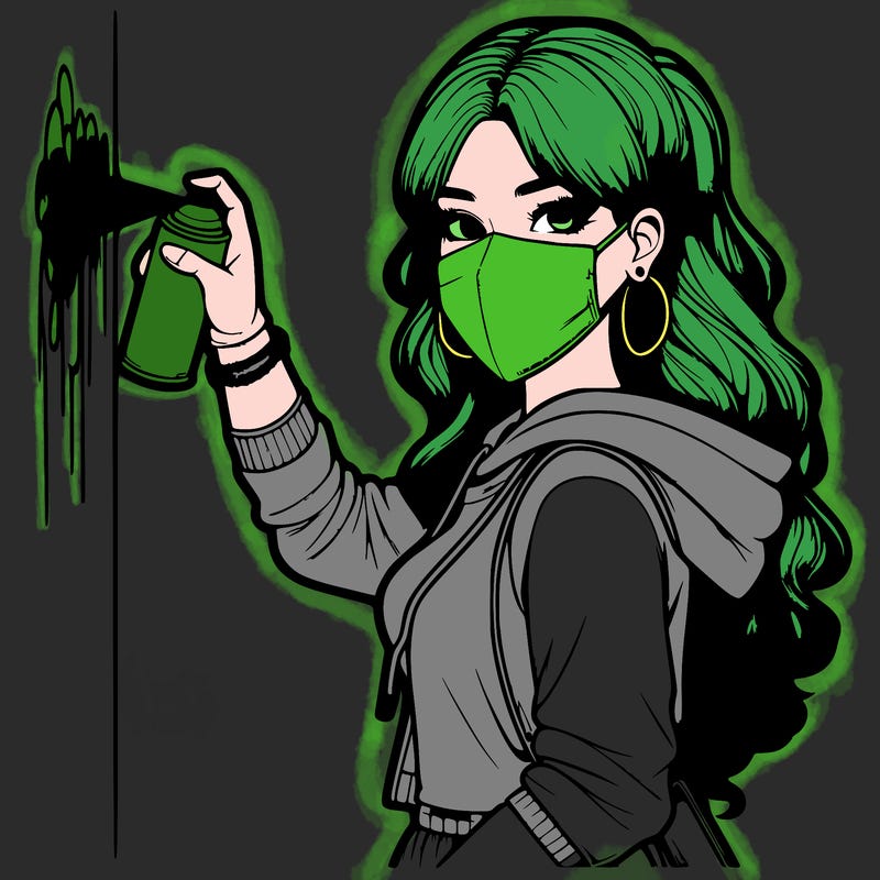 realistic girl with mask spray painting a wall