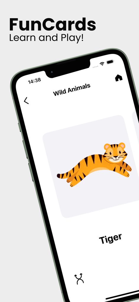 FunCards- first English words! - Aplicativo FunCards mostrando um flashcard educacional de tigre para crianças aprenderem palavras em inglês