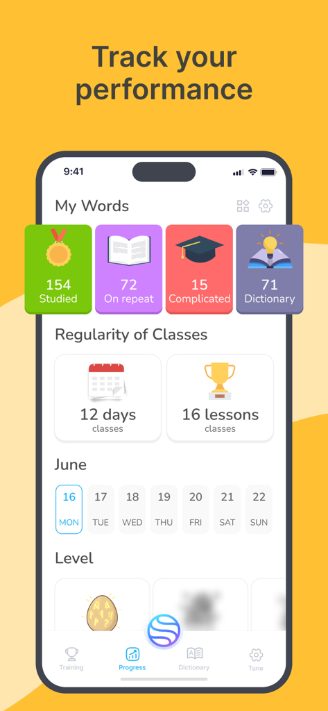 AI French Minute - Interface of the AI French Minute app showing user progress statistics including words studied and lesson regularity