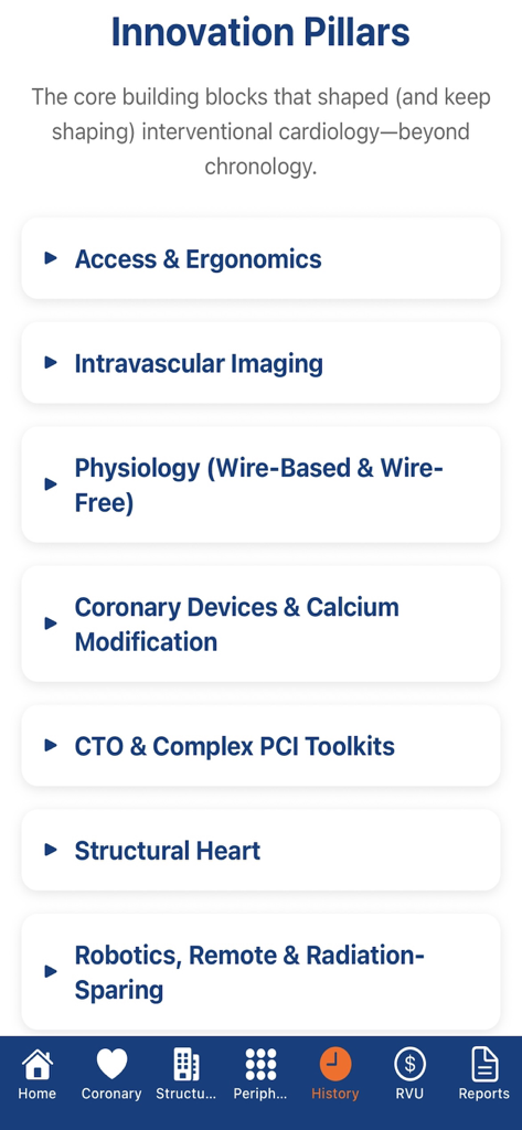 Interventional Cardiology Hub - The Innovation Pillars menu in the Interventional Cardiology Hub app displaying medical advancement categories