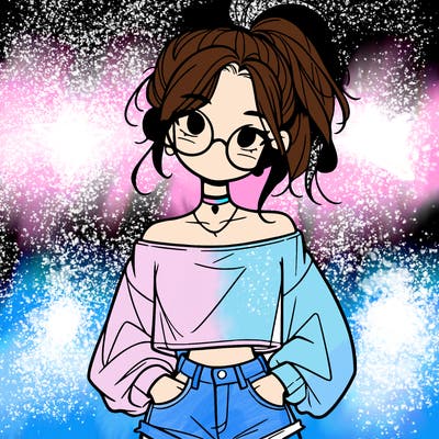 girl with a messy ponytail glasses a baggy crop top and jean shorts