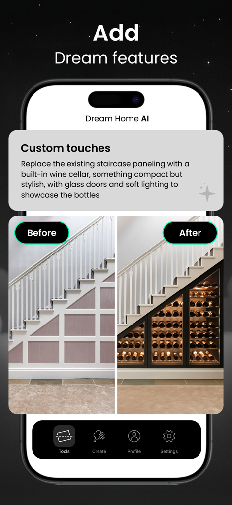 Before and after comparison of a staircase area transformed into a built-in wine cellar using AI