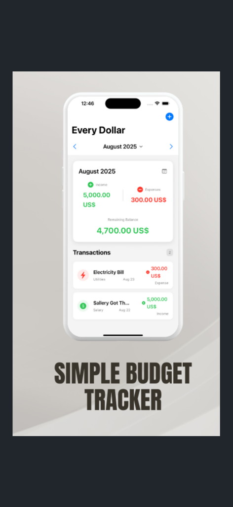 Expensesアプリのインターフェースに、収入と支出を示す月次予算の概要が表示されています。