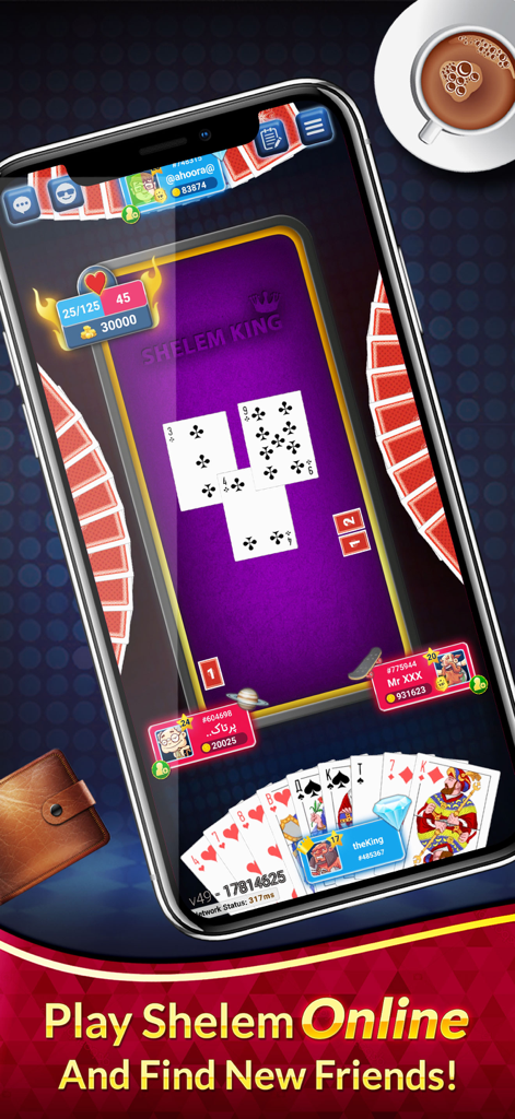 Shelem شلم آنلاین : بازی پاسور - Mobile phone screen showing a Persian Shelem card game match with players and chat features