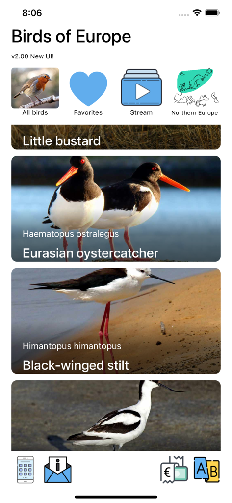 Birds of Europe - Field Guide - Pantalla de inicio de la aplicación Aves de Europa que muestra especies de aves como el ostrero euroasiático y la cigüeñuela común