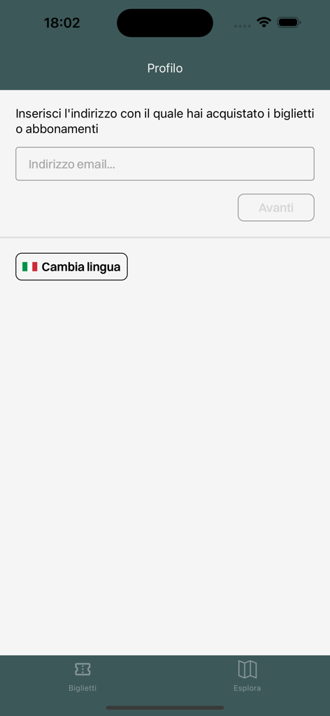 Schermata del profilo dell'app Natura Viva per inserire un indirizzo email per recuperare i biglietti digitali del parco e gestire le impostazioni della lingua.