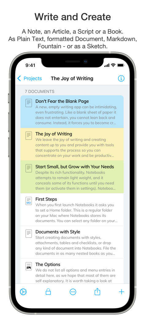 Notebooks – Write and Organize - iPhone screen showing a list of organized documents and notes in the Notebooks app with color-coded categories.