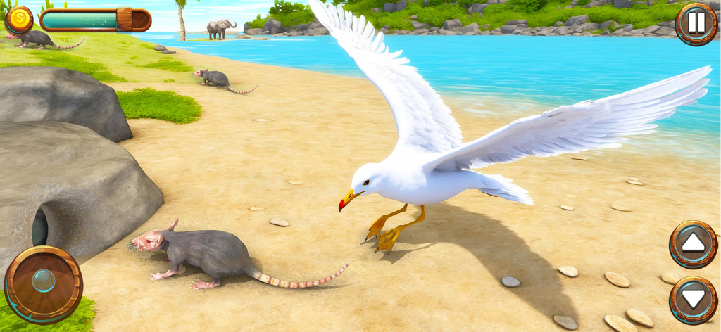 Seagull Bird Life Simulator - A white seagull landing on a sandy beach to hunt rats in a tropical island environment