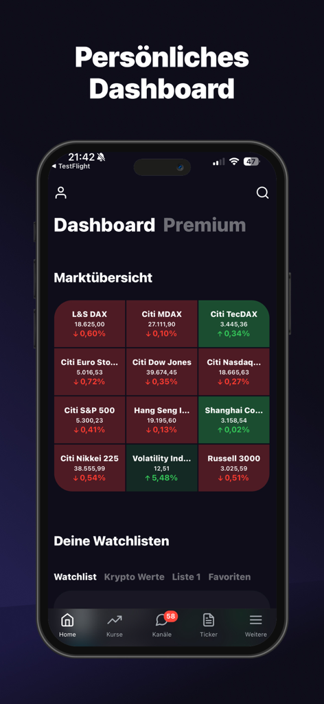 Tableau de bord personnel dans l'application Goldesel montrant un aperçu du marché des indices boursiers et des listes de surveillance.
