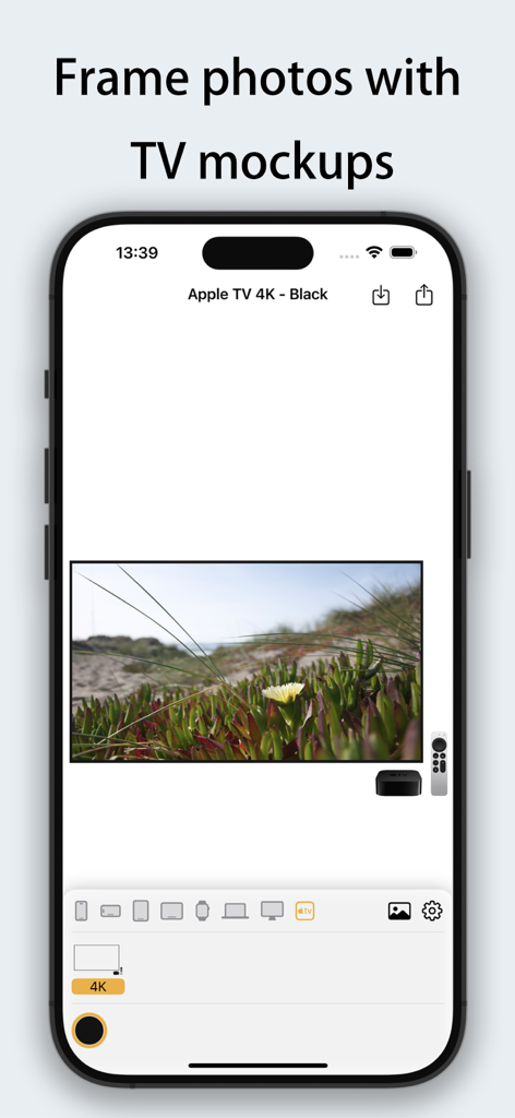 Framable app interface showing a landscape photo framed within an Apple TV 4K mockup