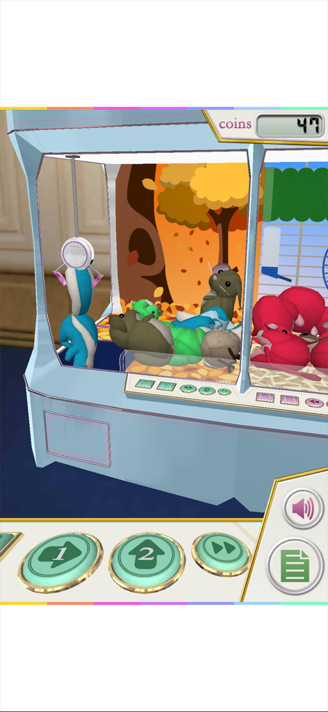 Gameplay of a virtual claw crane machine filled with cute plush animal pets like hamsters and squirrels.