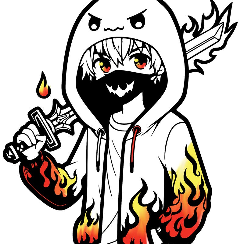 anime boy with hoodie with sword, a cool fancy flame design
