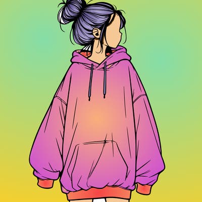 realistic girl with a oversized sweatshirt on and a bun