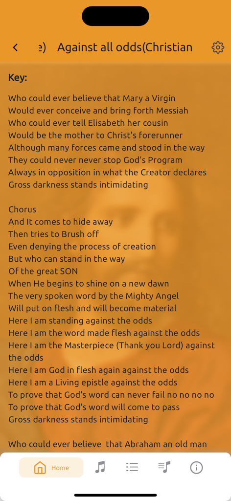 Lyrics of the hymn Against All Odds displayed in the Spoken Word Songbook app