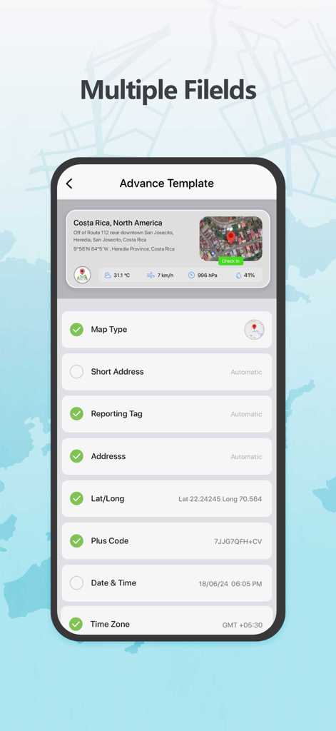 GPS Map Camera - Photo Stamp - Customization screen for GPS map camera stamps showing multiple data field options like coordinates and weather