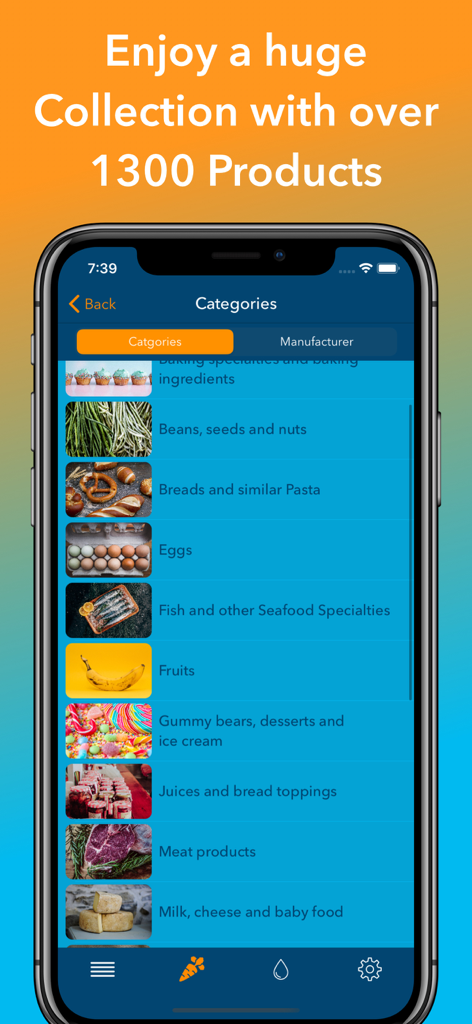 DietAssistant for PKU - La interfaz de la aplicación DietAssistant para PKU muestra una amplia lista de categorías de alimentos como frutas y panes con más de 1300 productos.