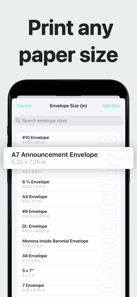 Envelope Printer Labels - Uma lista de dimensões de envelopes padrão incluindo A7 Announcement e Number 10 dentro da interface do aplicativo Envelope Printer Labels