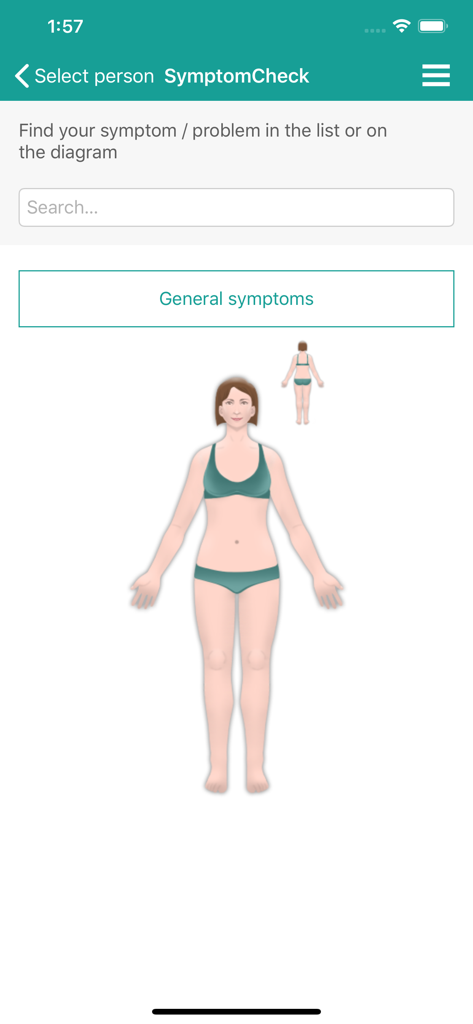 SWICA Benecura - SymptomCheck-Funktion in der SWICA Benecura App zeigt ein anatomisches Körperdiagramm zur Symptomauswahl