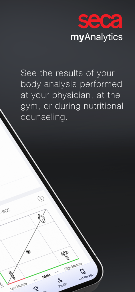 seca myAnalytics - Welcome screen of the seca myAnalytics app highlighting body composition results and muscle mass analysis.