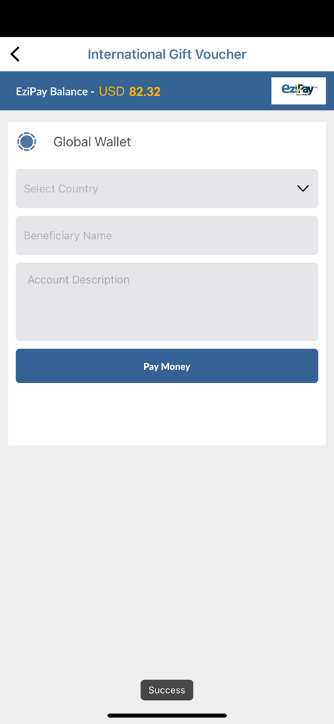 Ezipay Global - Ezipay Global app interface for international gift voucher payments