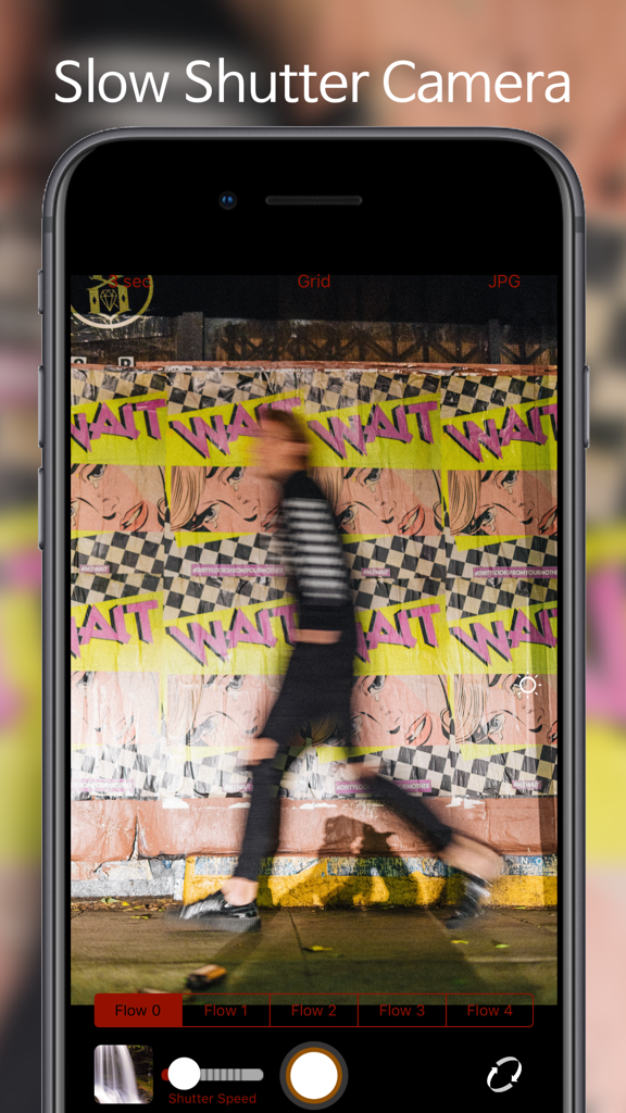 Flow Shutter Cam interface demonstrating a motion blur effect on a person walking in front of a colorful wall