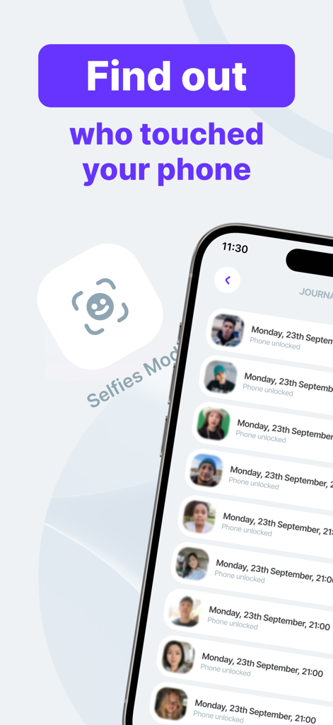 Don't Touch My Phone: App - A list of photos and timestamps showing people who accessed the phone