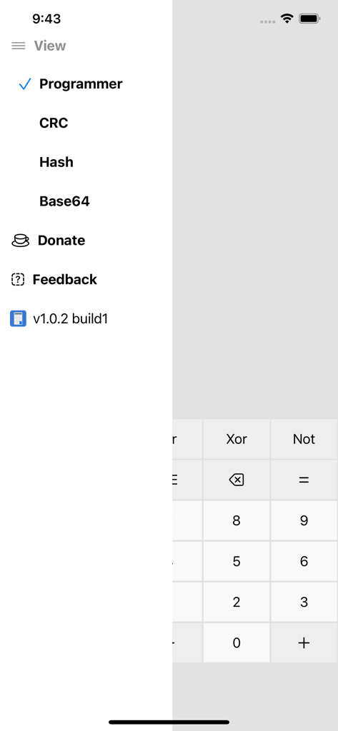 Programmer Calculator - Dev - Menú lateral de la aplicación Calculadora de Programador que muestra opciones de navegación para la conversión de Hash CRC y Base64