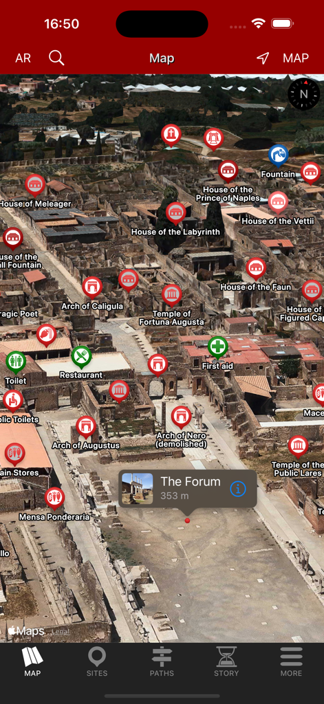 Un mapa 3D interactivo detallado de las ruinas de Pompeya que muestra marcadores para sitios históricos y comodidades para viajeros