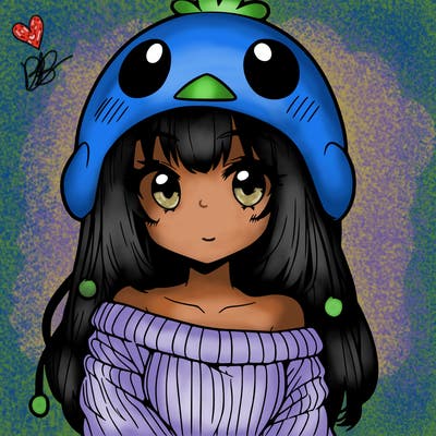 anime girl with chick shaped hat with sweater with bare shoulders with bangs covering them one eye with low tail
