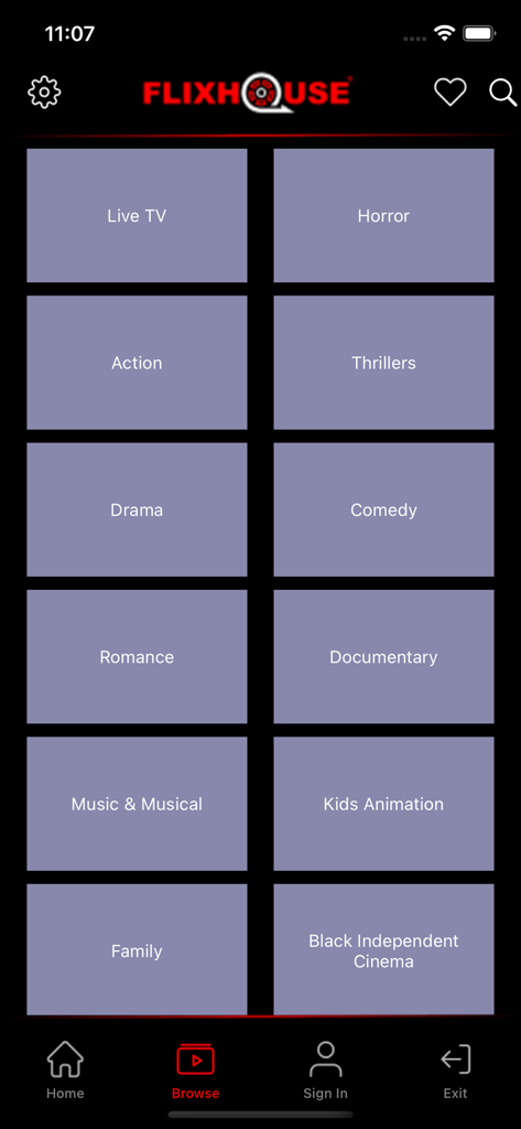 FlixHouse - FlixHouse app browse screen showing various movie and TV show categories like Horror Action and Documentary
