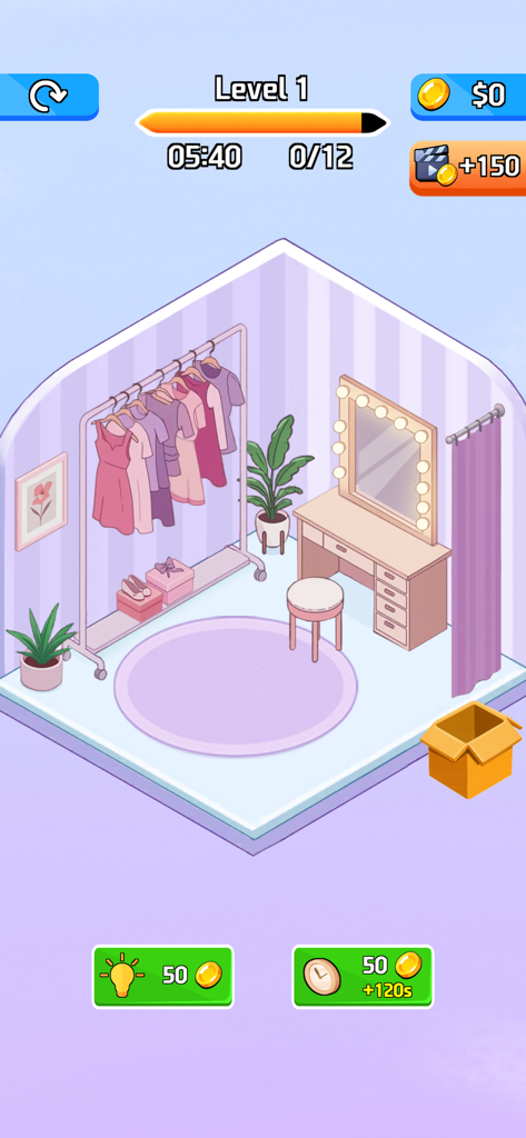 Cozy Room: Dreamy Home Decor - パステルカラーで描かれた、クローゼットラックと鏡付きの化粧台がある、居心地の良いアイソメトリックな部屋のデザイン