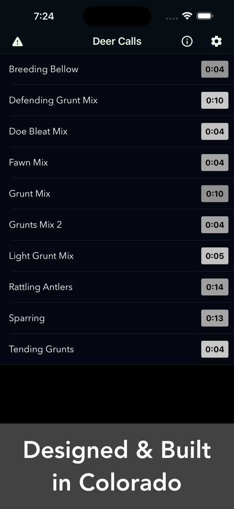 Interface of the Deer Calls app showing a list of hunting sounds including grunts, bleats, and rattling antlers.