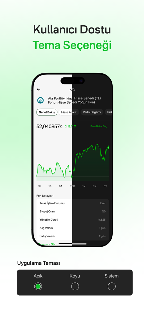 İyi Gelir - Screenshot of the İyi Gelir app showing the user-friendly light and dark theme options for portfolio tracking