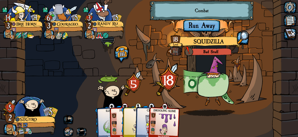 Munchkin Digital - Digital card game interface of Munchkin showing a level 18 Squidzilla monster in combat.