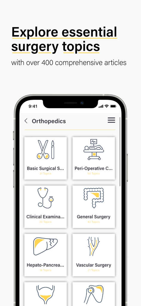 Smartphone screen showing a menu of surgical specialties in the Teach Me Surgery medical app.