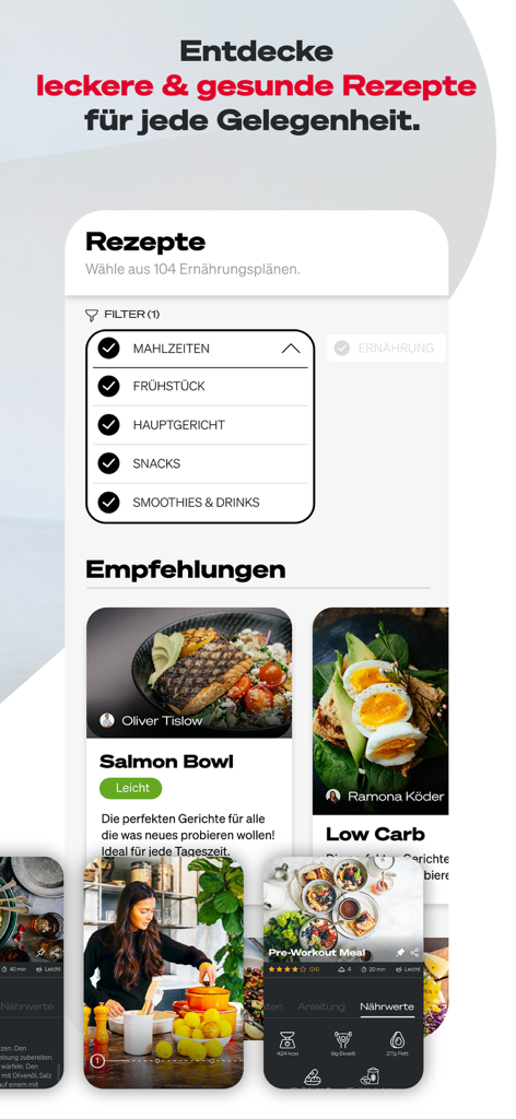 Sportstech Live - Sportstech Live App-Oberfläche, die gesunde Rezepte und Ernährungspläne für das Home-Fitness zeigt.