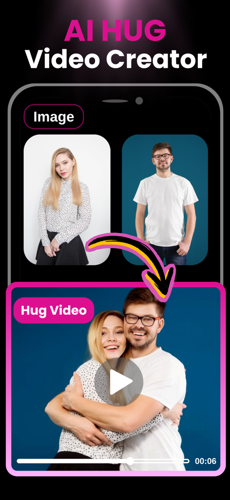 AI Kiss Hug Video Maker Clone - Interface do aplicativo demonstrando duas fotos sendo transformadas em um vídeo de abraço gerado por IA