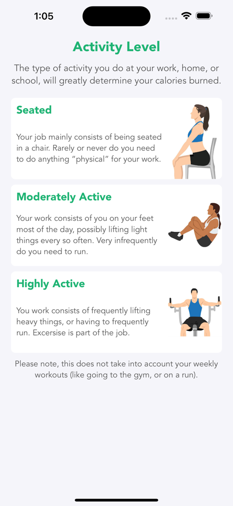 Calorie Deficit Calc & Counter - Activity level selection interface for precise calorie deficit tracking
