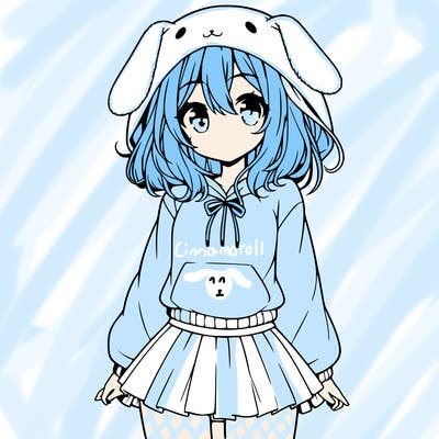 pretty anime girl wearing a fluffy hoodie with bunny ears on the hood and a skirt