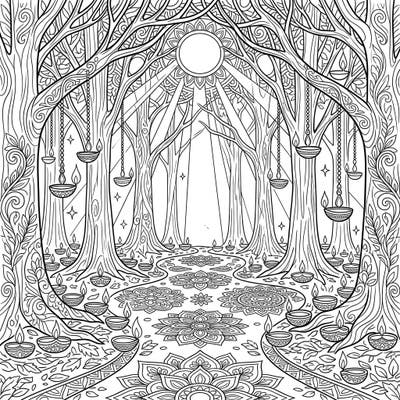 Immerse yourself in the festive spirit of Diwali with this stunning coloring page, depicting a mystical forest illuminated by sunbeams and adorned with traditional diyas. Discover intricate rangoli patterns underfoot and let your creativity shine as you bring this magical scene to life.