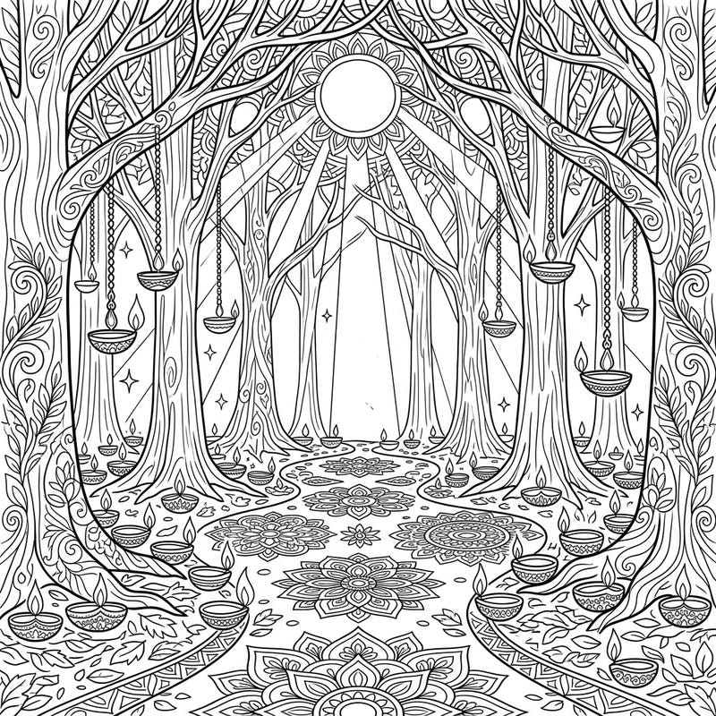 Immerse yourself in the festive spirit of Diwali with this stunning coloring page, depicting a mystical forest illuminated by sunbeams and adorned with traditional diyas. Discover intricate rangoli patterns underfoot and let your creativity shine as you bring this magical scene to life.