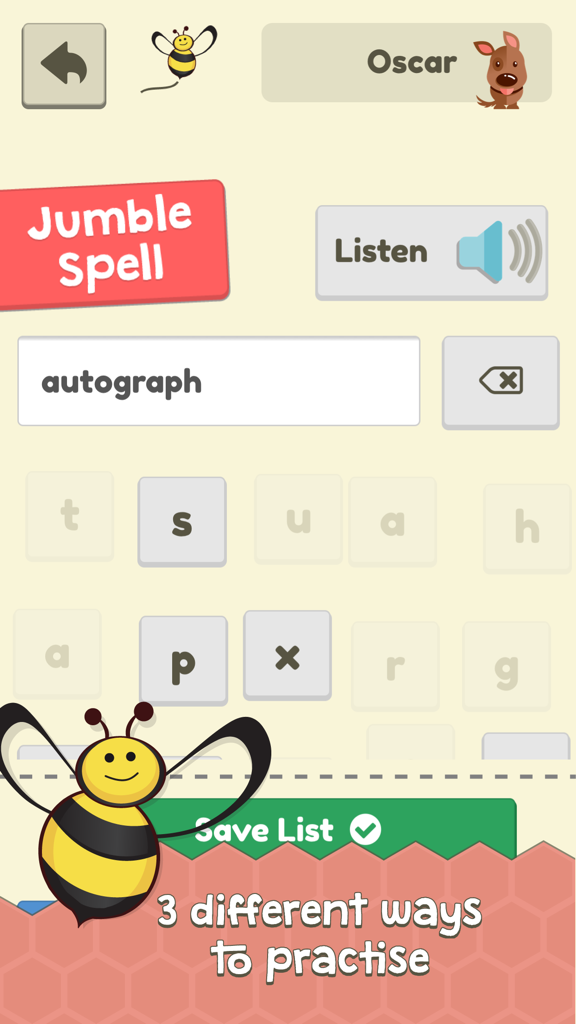 Spelling Assistant : Helping you ace the spelling bee! - Spelling Assistant Jumble Spell game interface