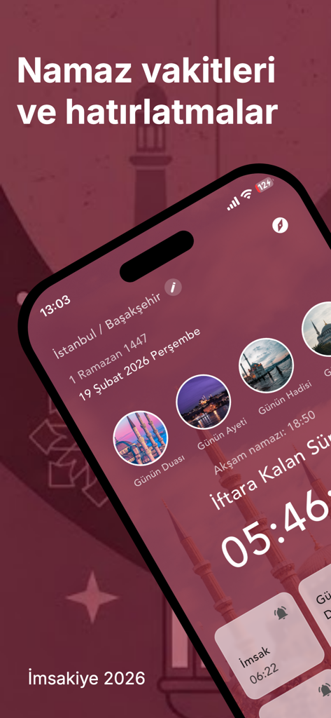 기도 시간과 이프타르까지 남은 시간을 보여주는 이슬람 달력 2026 앱의 인터페이스.