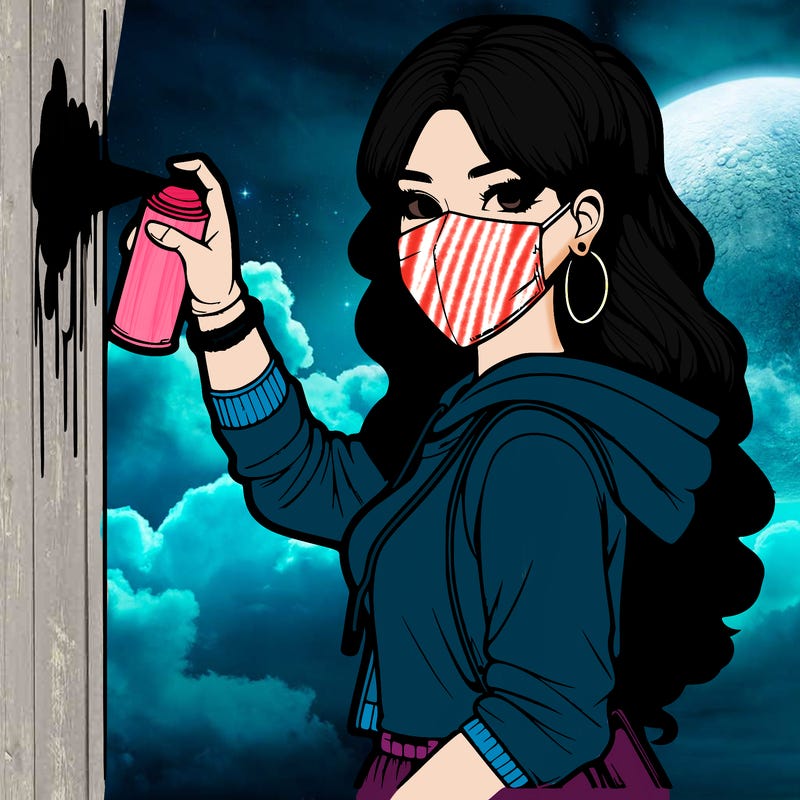 realistic girl with mask spray painting a wall