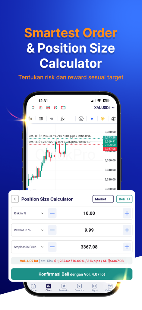 QuickPro mobile app interface showing the smart order and position size calculator for forex trading