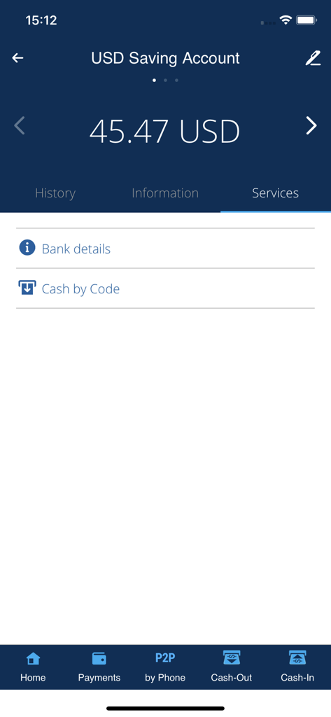 Interfaz de la aplicación MICB Mobile Banking mostrando el saldo de la cuenta de ahorros en USD y opciones de servicios como detalles bancarios y Efectivo por Código