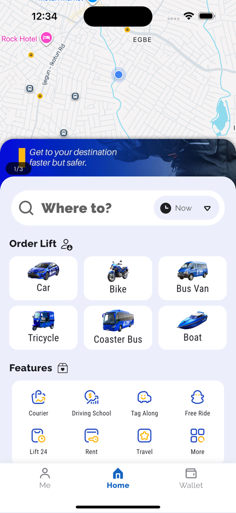 Lift: Book any ride - Home screen of the Lift app displaying various ride options including car bike boat and bus along with courier services