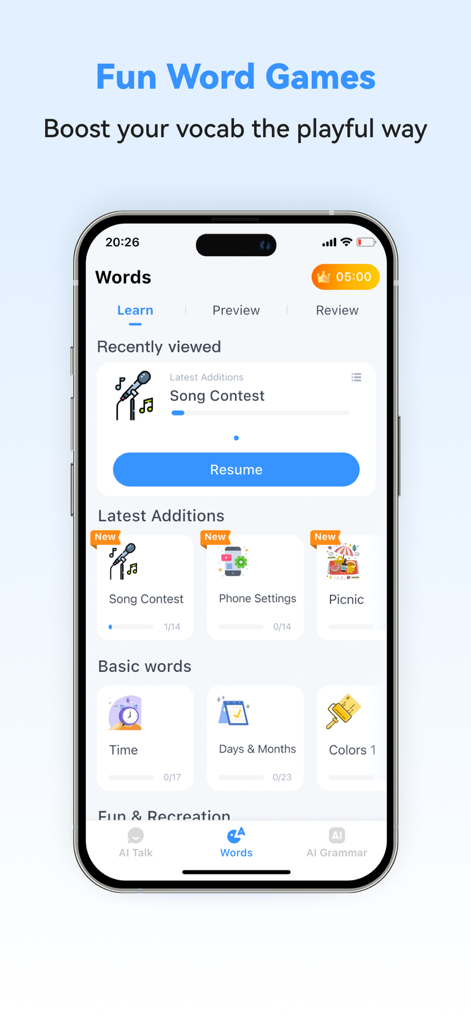 Tela de aprendizado de vocabulário e jogos de palavras do aplicativo German Ai.