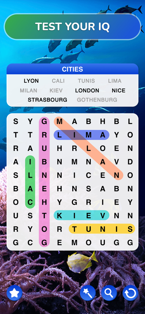 Word Search Journey - Puzzle - Word search puzzle gameplay from Word Search Journey showing a cities category with an underwater background and a test your IQ banner.