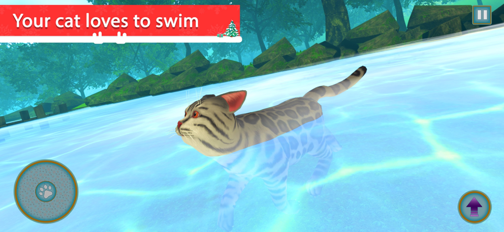 My Cat: Virtual Cat Simulator - Un gato animado en 3D nadando en un río del bosque en el simulador Mi Gato